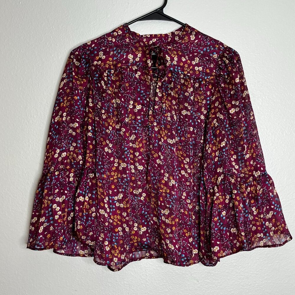 Sabina Musayev Floral Blouse 3/4 Sleeve Burgundy‎ Tie Neckline Size XS